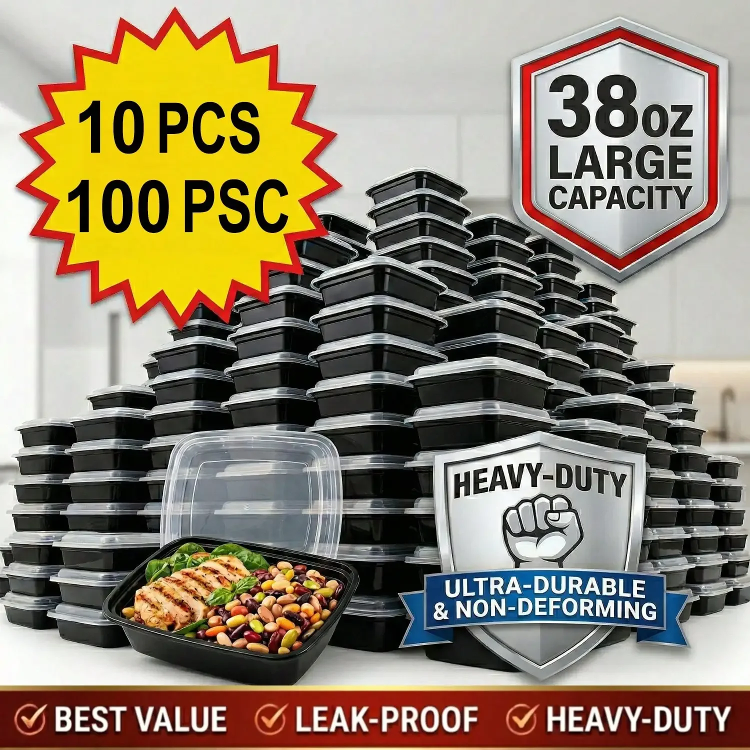 10/100 stuks, 38 oz, zwarte re - Meal Prep Kitchen recensie en prijs